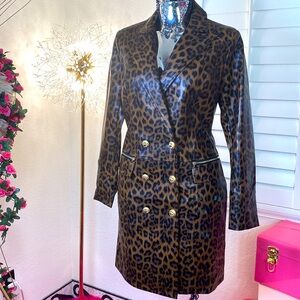Leopard Print Double-Breasted Faux Leather Dress Coat – Bold & Chic